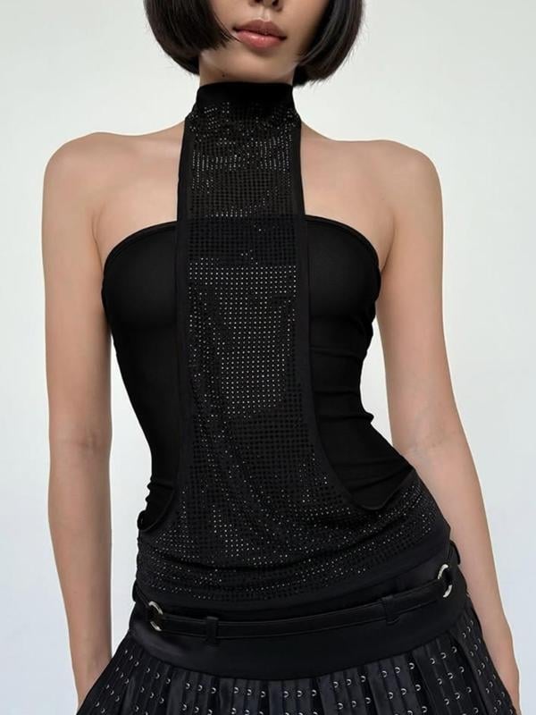 Halterio kaklo viršus su rhinestone dekoru - dryžuotas korduro audinys, laisvas kirpimas, pavasaris 2025