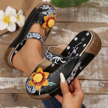 Γυναικεία mule σανδάλια σε εθνοτικό στυλ (PU επάνω μέρος, σόλα από φελλό, επένδυση: δέρμα, κλείσιμο: Velcro, στρογγυλή μύτη)