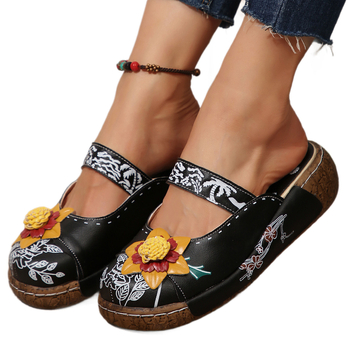 Γυναικεία mule σανδάλια σε εθνοτικό στυλ (PU επάνω μέρος, σόλα από φελλό, επένδυση: δέρμα, κλείσιμο: Velcro, στρογγυλή μύτη)