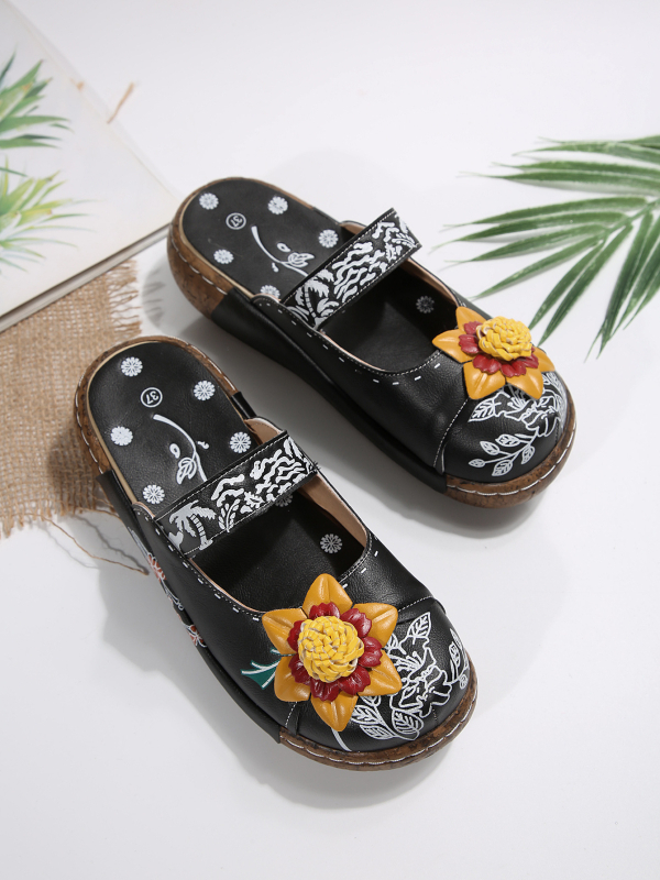 Γυναικεία mule σανδάλια σε εθνοτικό στυλ (PU επάνω μέρος, σόλα από φελλό, επένδυση: δέρμα, κλείσιμο: Velcro, στρογγυλή μύτη)