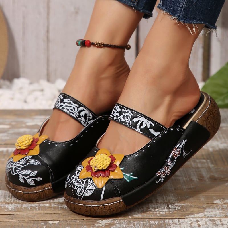 Γυναικεία mule σανδάλια σε εθνοτικό στυλ (PU επάνω μέρος, σόλα από φελλό, επένδυση: δέρμα, κλείσιμο: Velcro, στρογγυλή μύτη)