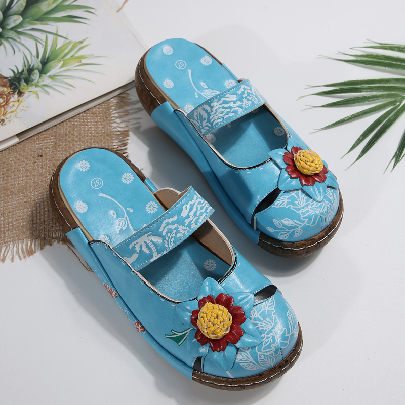 Γυναικεία mule σανδάλια σε εθνοτικό στυλ (PU επάνω μέρος, σόλα από φελλό, επένδυση: δέρμα, κλείσιμο: Velcro, στρογγυλή μύτη)