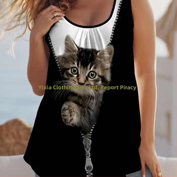 Sievietēm vasaras ikdienas tops ar apaļu kakla līniju, D Cat druka, dzīvnieku raksts, A-līnijas siluets, noņemamas plecu siksnas, PVC pamats; 95% poliesters, 5% spandeks