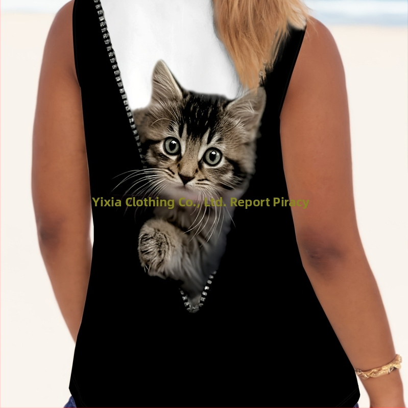 Dámske letné voľné top s okrúhlym výstrihom, potlač D Cat, zvierací vzor, A-line strih, odnímateľné ramienka, PVC báza; 95% polyester, 5% spandex