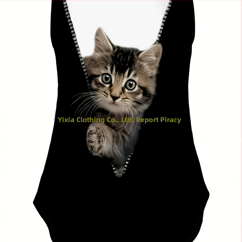 Dámske letné voľné top s okrúhlym výstrihom, potlač D Cat, zvierací vzor, A-line strih, odnímateľné ramienka, PVC báza; 95% polyester, 5% spandex