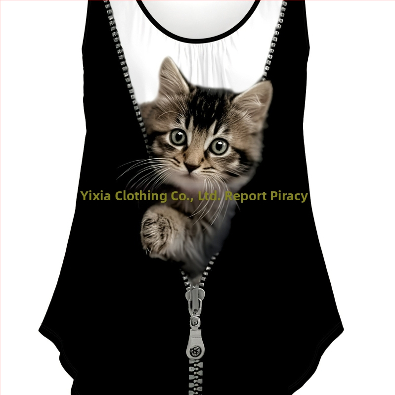 Dámske letné voľné top s okrúhlym výstrihom, potlač D Cat, zvierací vzor, A-line strih, odnímateľné ramienka, PVC báza; 95% polyester, 5% spandex