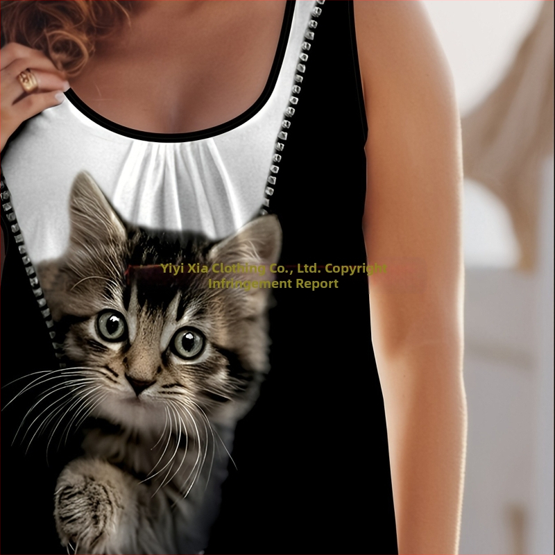 Dámske letné voľné top s okrúhlym výstrihom, potlač D Cat, zvierací vzor, A-line strih, odnímateľné ramienka, PVC báza; 95% polyester, 5% spandex