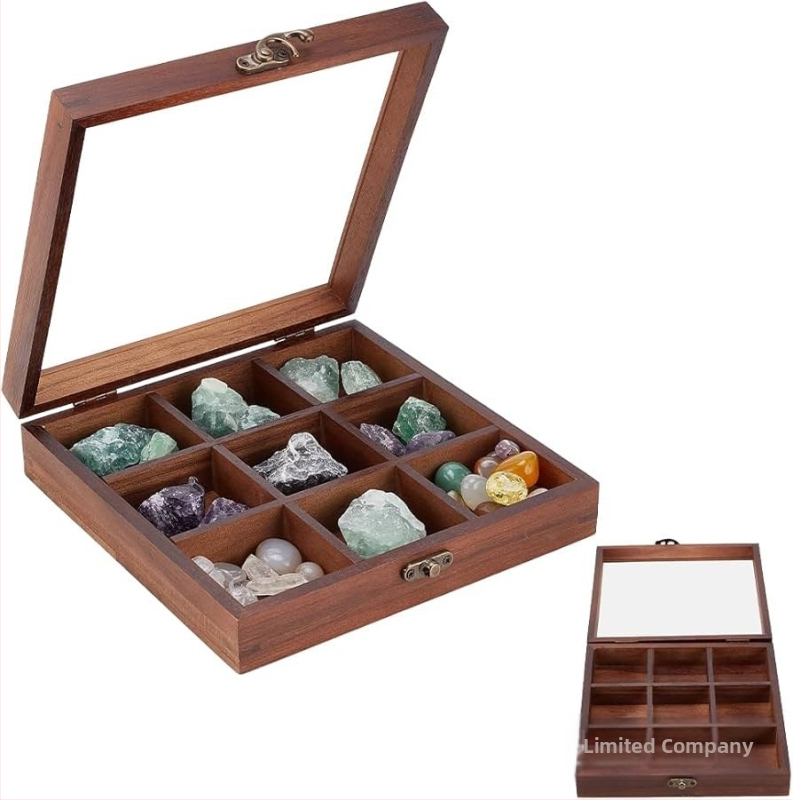 Kilenc rekeszű fából készült tároló doboz átlátszó fedéllel, modern minimalist dizájn, logó nyomtatási lehetőség