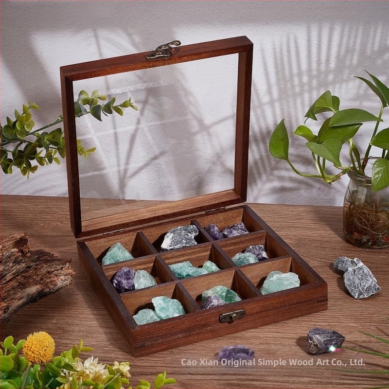 Kilenc rekeszű fából készült tároló doboz átlátszó fedéllel, modern minimalist dizájn, logó nyomtatási lehetőség