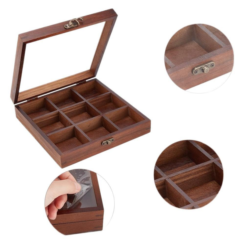 Kilenc rekeszű fából készült tároló doboz átlátszó fedéllel, modern minimalist dizájn, logó nyomtatási lehetőség