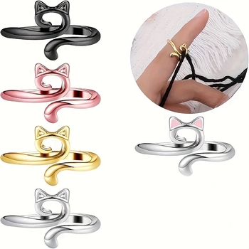 Horgolt fonalgyűrű geometriai macska mintával, állítható nyitó gyűrű, aranyos rajzfilm-stílus