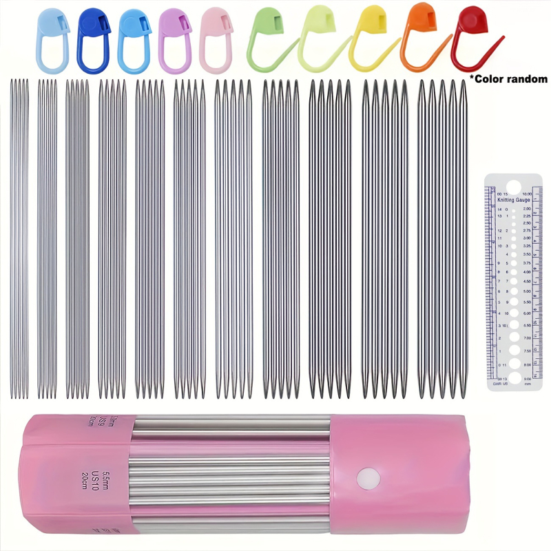 Rozsdamentes acélból készült kettős végű kötőtűk készlet, 11 darabos, PVC csomagolás