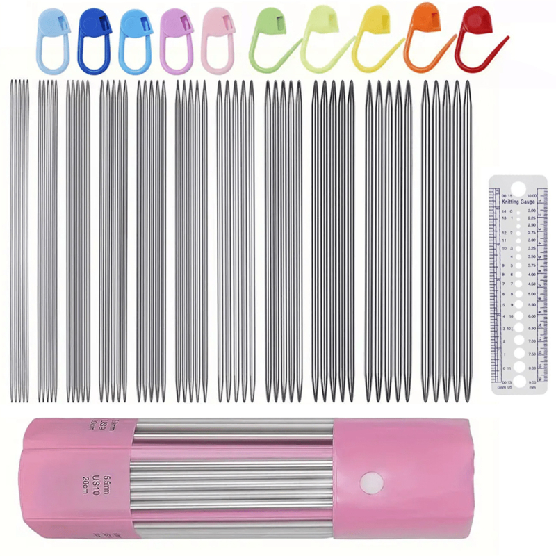 Rozsdamentes acélból készült kettős végű kötőtűk készlet, 11 darabos, PVC csomagolás