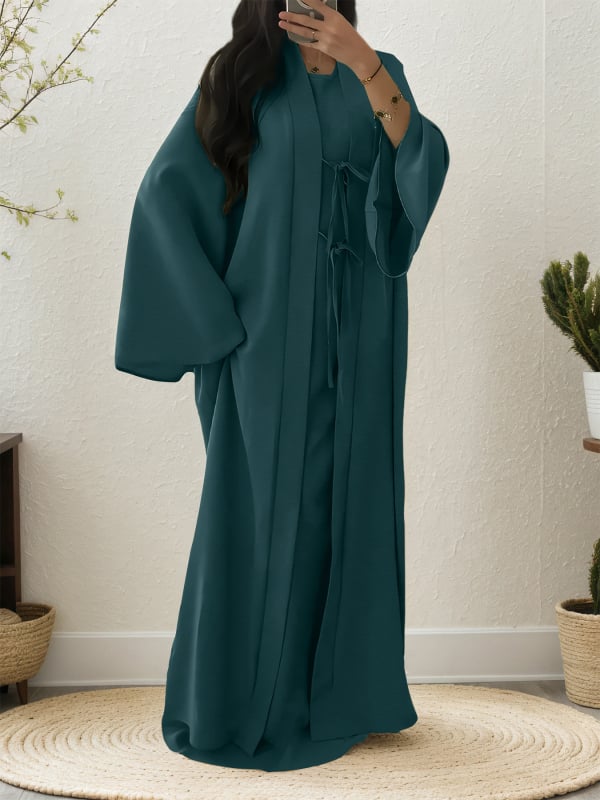 Musulmaņu Abajas komplekts ar platām piedurknēm, josta, garu piegriezumu, divu gabalu komplekts