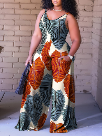 Γυναικείο ολόσωμο με τροπικό μοτίβο, φαρδιά παντελόνια, χωρίς μανίκια, άνοιξη-καλοκαιρινό 2025, πολυεστέρας