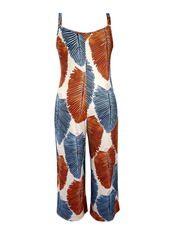 Salopetă damă cu imprimeu tropical, croială largă, fără mâneci, primăvară-vară 2025, poliester