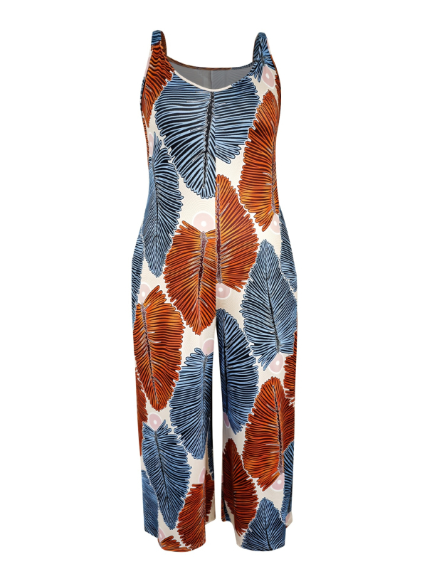 Salopetă damă cu imprimeu tropical, croială largă, fără mâneci, primăvară-vară 2025, poliester