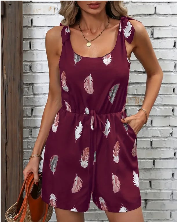 Salopetă damă fără mâneci cu imprimeu pene și curea cu nod — Poliester, croială dreaptă, talie lejeră, Vara 2025