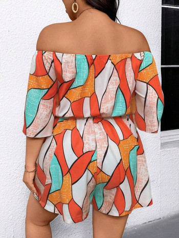 Ολόσωμη φόρμα με έναν ώμο, μποέμ μοτίβο, παντελόνι τριών τεταρτών, πολυεστέρας-σπαντεξ, Peris print