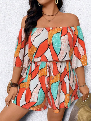 Ολόσωμη φόρμα με έναν ώμο, μποέμ μοτίβο, παντελόνι τριών τεταρτών, πολυεστέρας-σπαντεξ, Peris print