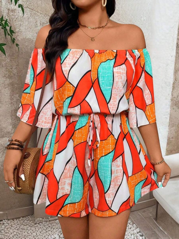 Ολόσωμη φόρμα με έναν ώμο, μποέμ μοτίβο, παντελόνι τριών τεταρτών, πολυεστέρας-σπαντεξ, Peris print