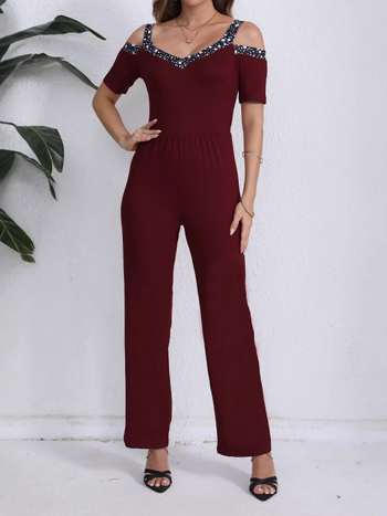 Salopetă de un umăr, fără mâneci, talie elastică, imprimeu, poliester, pantaloni drepți