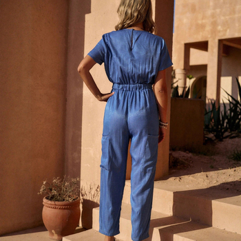 Κορμάκι με V-λαιμό, patchwork στη μέση και σχέδιο με πολλαπτές τσέπες, πολυεστερικό ύφασμα, κανονικό μήκος, μανίκια 9/10