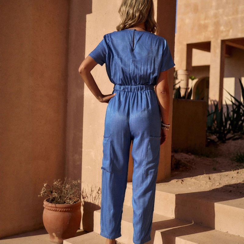 Κορμάκι με V-λαιμό, patchwork στη μέση και σχέδιο με πολλαπτές τσέπες, πολυεστερικό ύφασμα, κανονικό μήκος, μανίκια 9/10