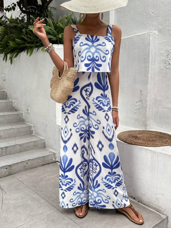 Salopetă femei imprimată, vară 2025, fără mâneci, talie înaltă, pantaloni largi