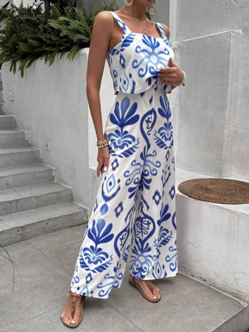 Γυναικεία ολόσωμη φόρμα με εκτύπωση, καλοκαίρι 2025, αμάνικη, υψηλή μέση, φαρδιές παντελόνες