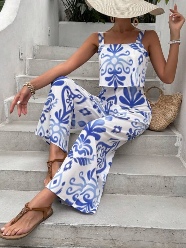 Salopetă femei imprimată, vară 2025, fără mâneci, talie înaltă, pantaloni largi