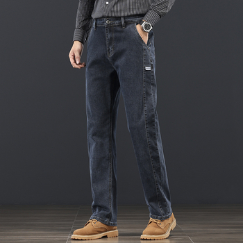 Blugi bărbătești drepti, talie medie, micro-elastici, fermoar, buzunare multiple, din bumbac, pentru primăvară și toamnă