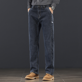 Мъжки дънки с права кройка, средно висока талия, микроеластични, молния, джобове, памук, за пролет и есен