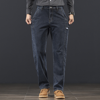 Мъжки дънки с права кройка, средно висока талия, микроеластични, молния, джобове, памук, за пролет и есен