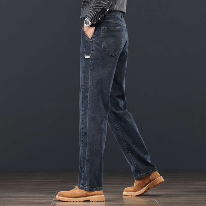 Blugi bărbătești drepti, talie medie, micro-elastici, fermoar, buzunare multiple, din bumbac, pentru primăvară și toamnă