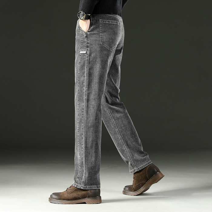 Blugi bărbătești drepti, talie medie, micro-elastici, fermoar, buzunare multiple, din bumbac, pentru primăvară și toamnă