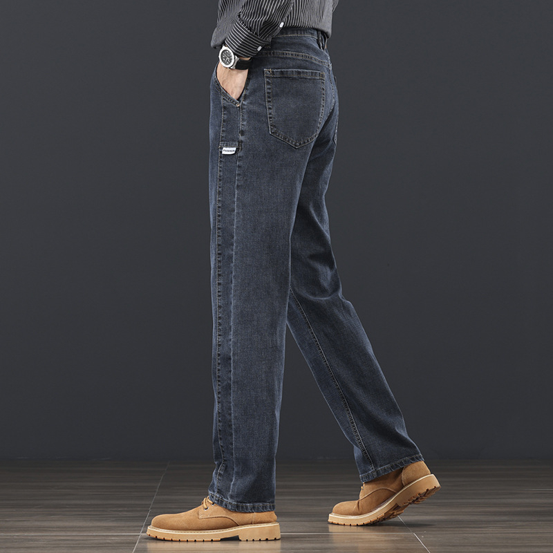 Blugi bărbătești drepti, talie medie, micro-elastici, fermoar, buzunare multiple, din bumbac, pentru primăvară și toamnă