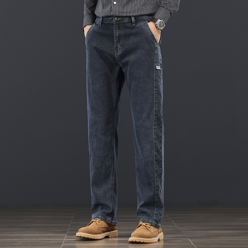 Blugi bărbătești drepti, talie medie, micro-elastici, fermoar, buzunare multiple, din bumbac, pentru primăvară și toamnă