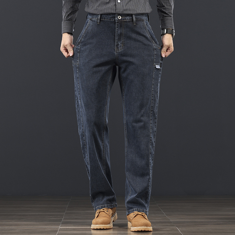 Blugi bărbătești drepti, talie medie, micro-elastici, fermoar, buzunare multiple, din bumbac, pentru primăvară și toamnă