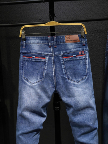 Мъжки дънки — Slim Fit Straight Leg, деним с 64.1% памук, средна талия, цип, измит и лек distressed