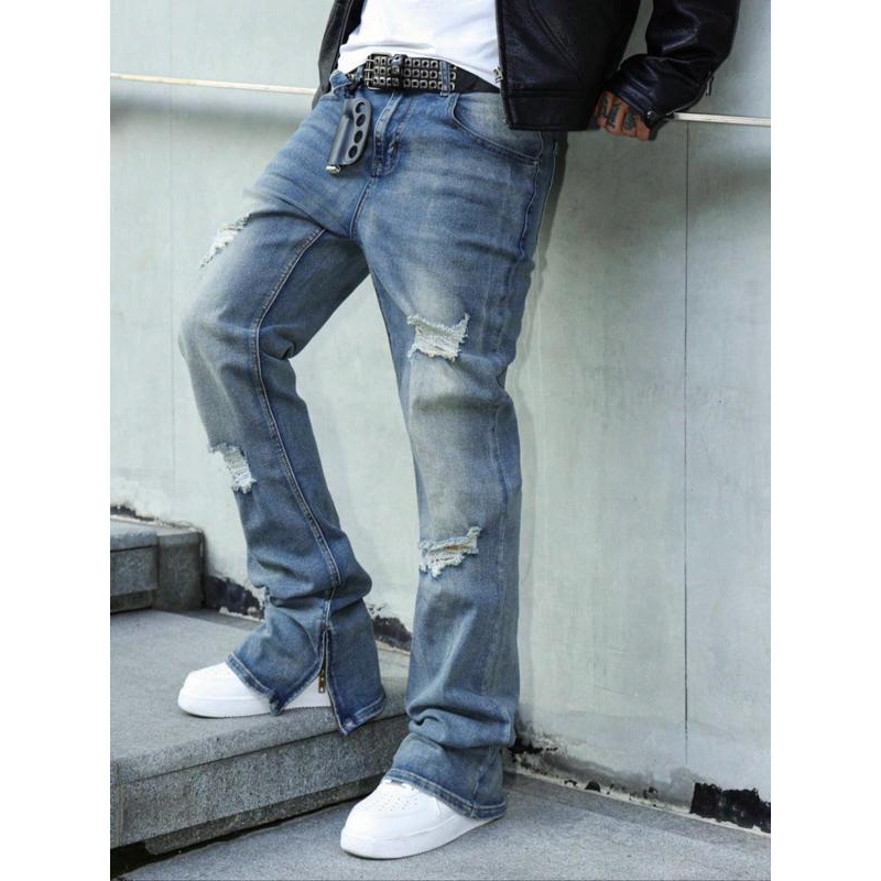 Blugi pentru bărbați - croială lejeră, linie dreaptă, căptuțiți cu fleece, închidere cu șnur de talie