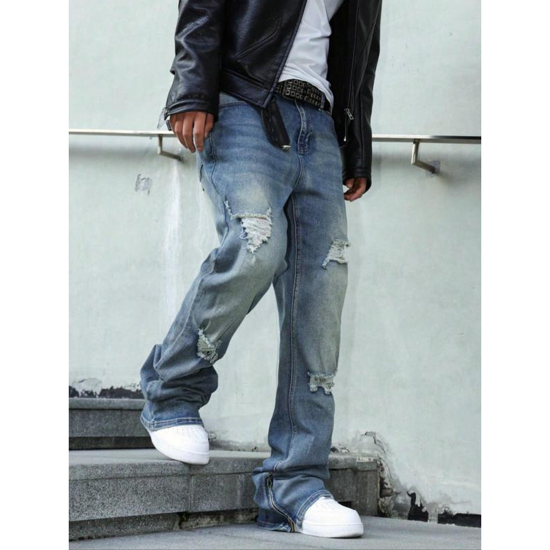 Blugi pentru bărbați - croială lejeră, linie dreaptă, căptuțiți cu fleece, închidere cu șnur de talie