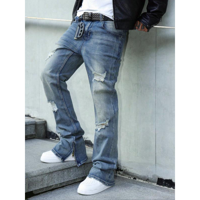 Blugi pentru bărbați - croială lejeră, linie dreaptă, căptuțiți cu fleece, închidere cu șnur de talie