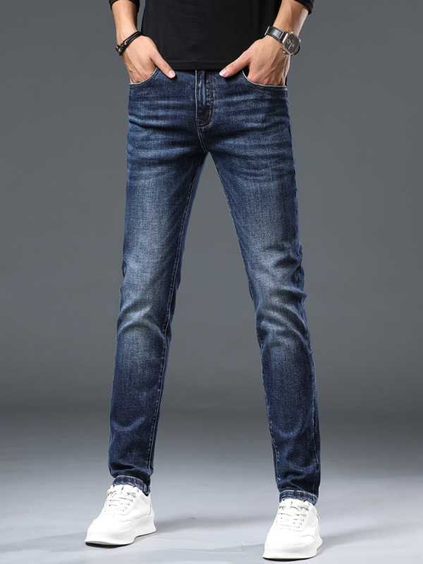 Jeanși, versiune coreeană (croială slim, talie medie, denim, fermoar)