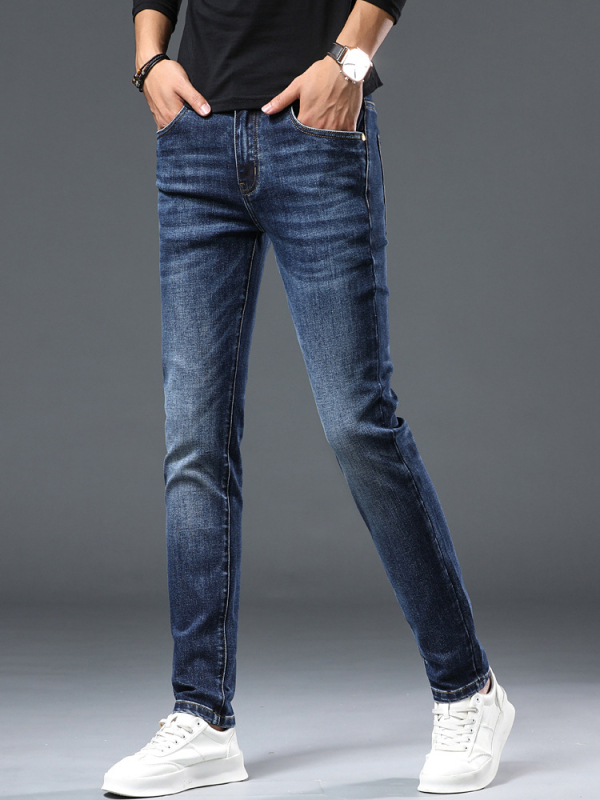 Jeanși, versiune coreeană (croială slim, talie medie, denim, fermoar)