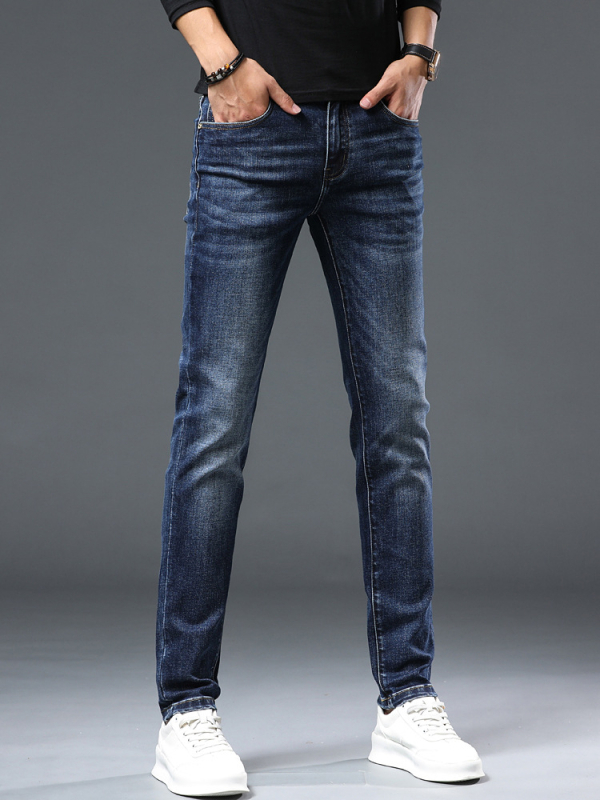 Jeanși, versiune coreeană (croială slim, talie medie, denim, fermoar)