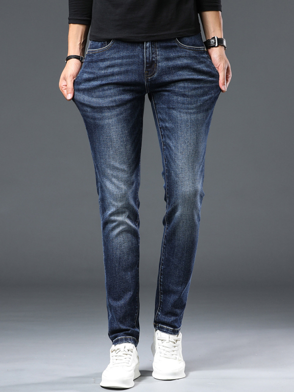 Jeanși, versiune coreeană (croială slim, talie medie, denim, fermoar)