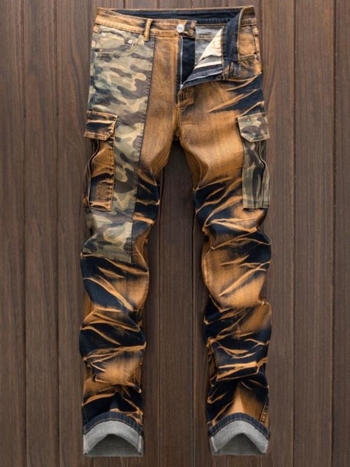 Jeanși din denim cu patchwork și imprimeu camuflaj - croială dreaptă, talie joasă, fermoar