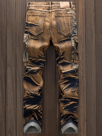 Мъжки дънки от деним с patchwork дизайн и камуфляжен принт - прав силует, ниска талия, цип