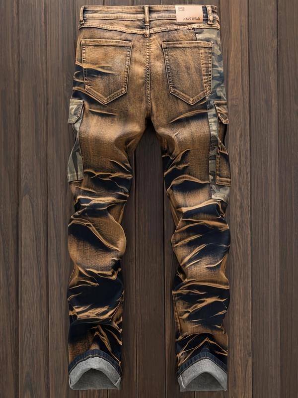 Jeanși din denim cu patchwork și imprimeu camuflaj - croială dreaptă, talie joasă, fermoar